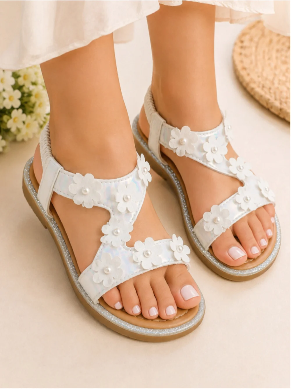 Toddler Girls White Iridescent Floral Sandals – Size 11